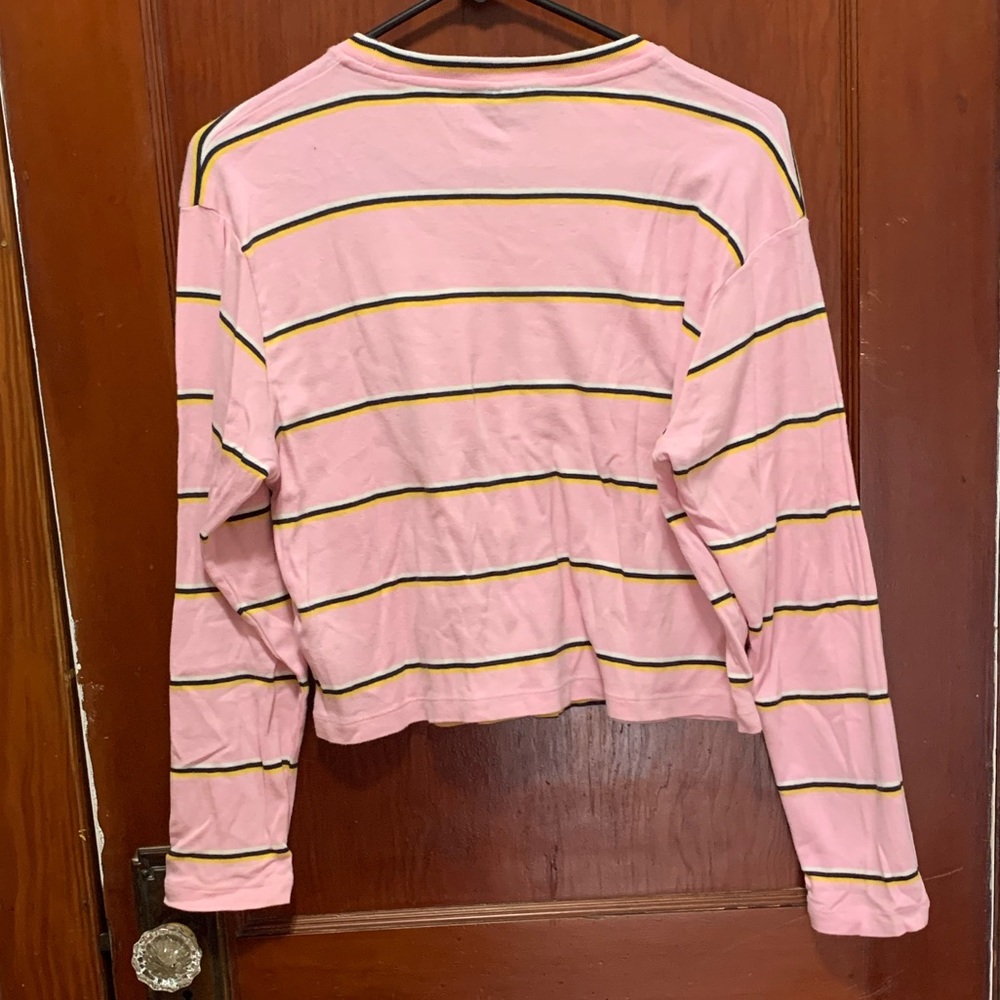 Topshop Pink Striped Long Sleeve Cropped Shirt - Picture 2 of 3